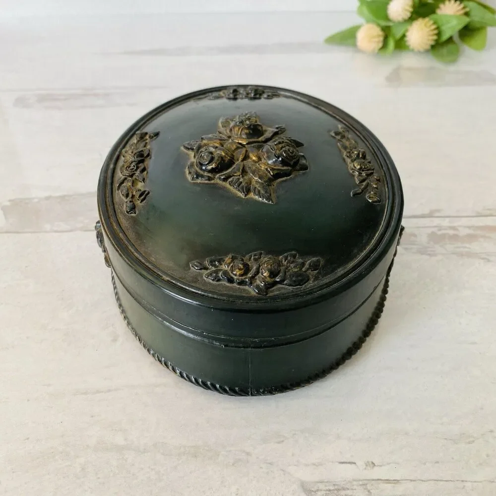 Vintage Victorian Revival Imitation Jet Carved Roses Jewelry Box Black Gothic